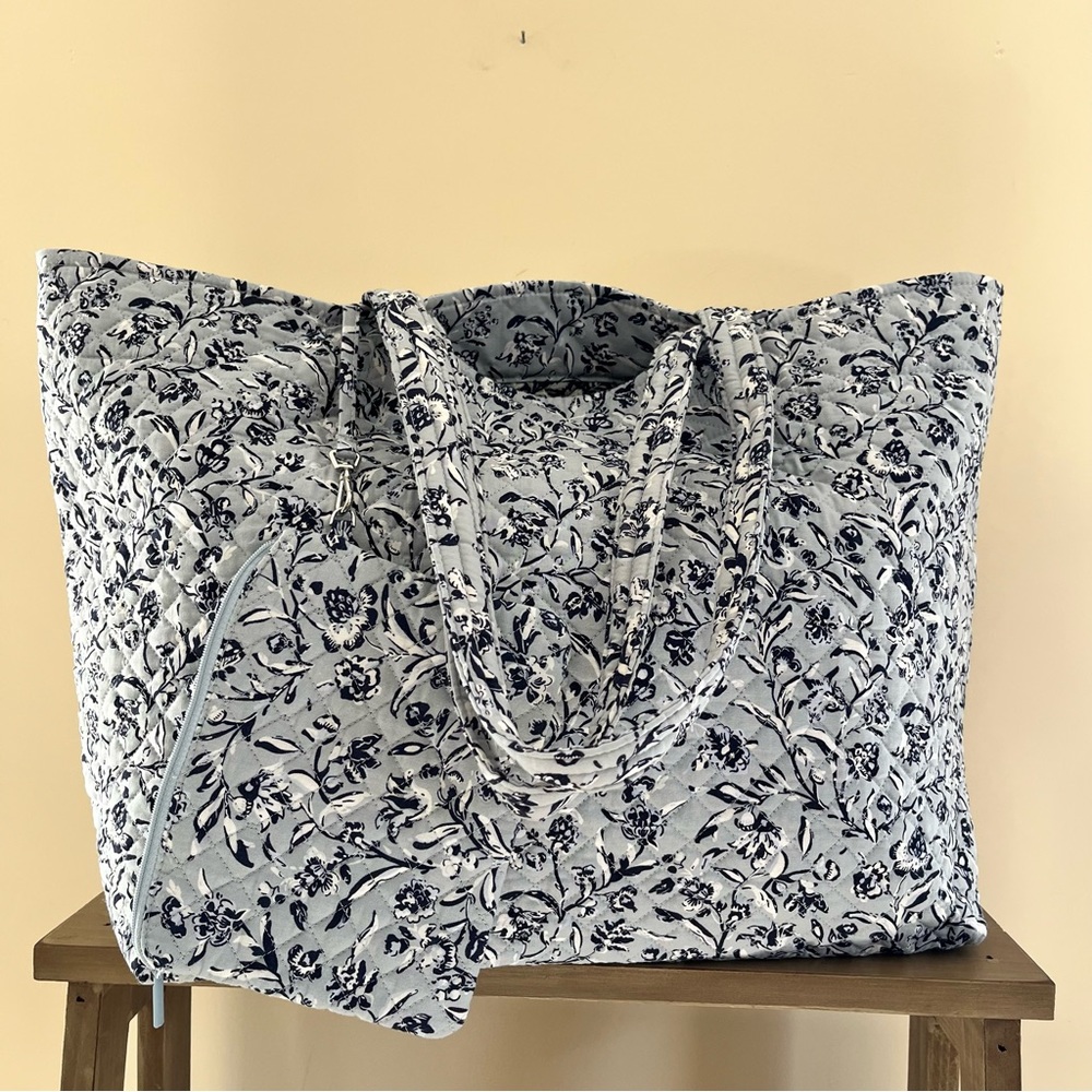 Vera Bradley Light Blue and Navy Quilted Floral Tote with Zip Pouch